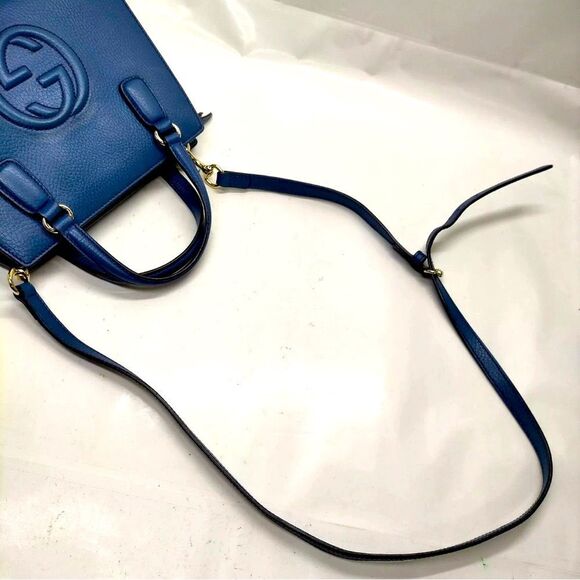 Auth Gucci Blue Leather Convertible 2way Soho Structured Bag Satchel - Picture 4 of 7